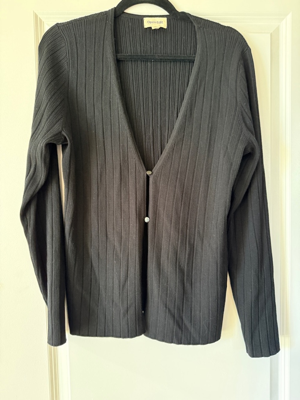 Open Edit Black Ribbed V-Neck Cardigan Sweater